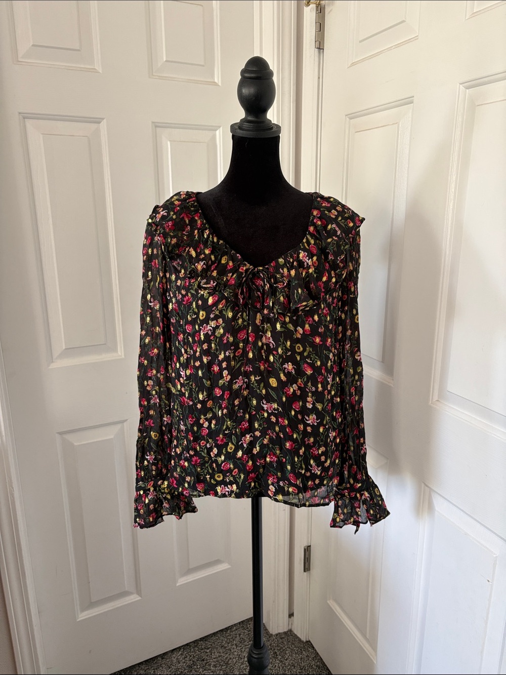 J. Crew Ruffle NeckTop In Midnight Vintage Floral.